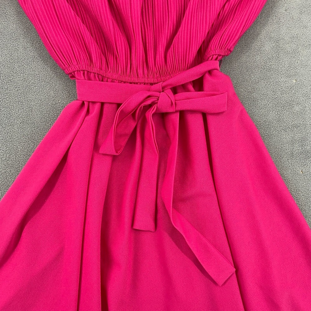 Sally‎ Petite Fit & Flare Dress Womens Pink Pleated Puff Sleeve Tie Waist Party - Picture 3 of 9